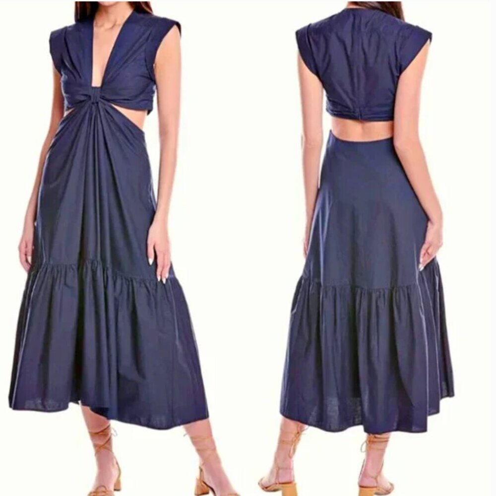 A.L.C. Alexandria Cotton Knotted Front Cut Out Waist Midi Dress Navy $495